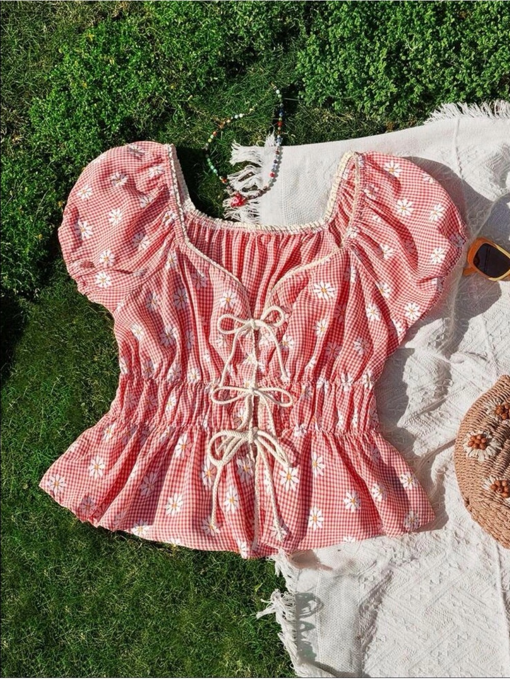 Gingham Daisy Smocked Puff-Sleeve Top - Pink